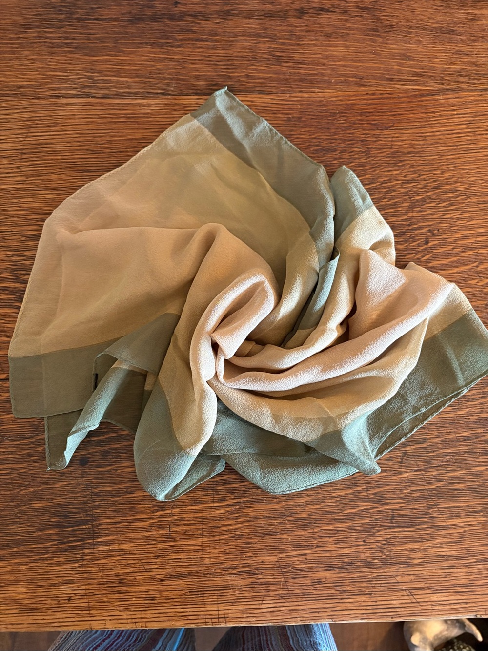 Ellen Tracy Vintage Silk Organza Scarf Tan and Olive Green 52” x 14”